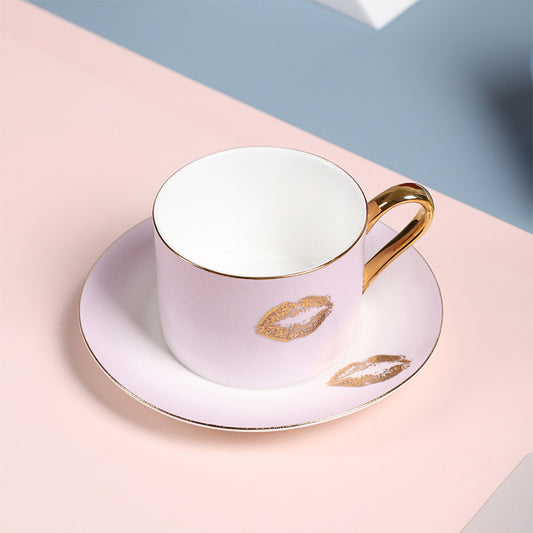 Lip Print Bone China Gradient Color Mug Ceramic With Spoon