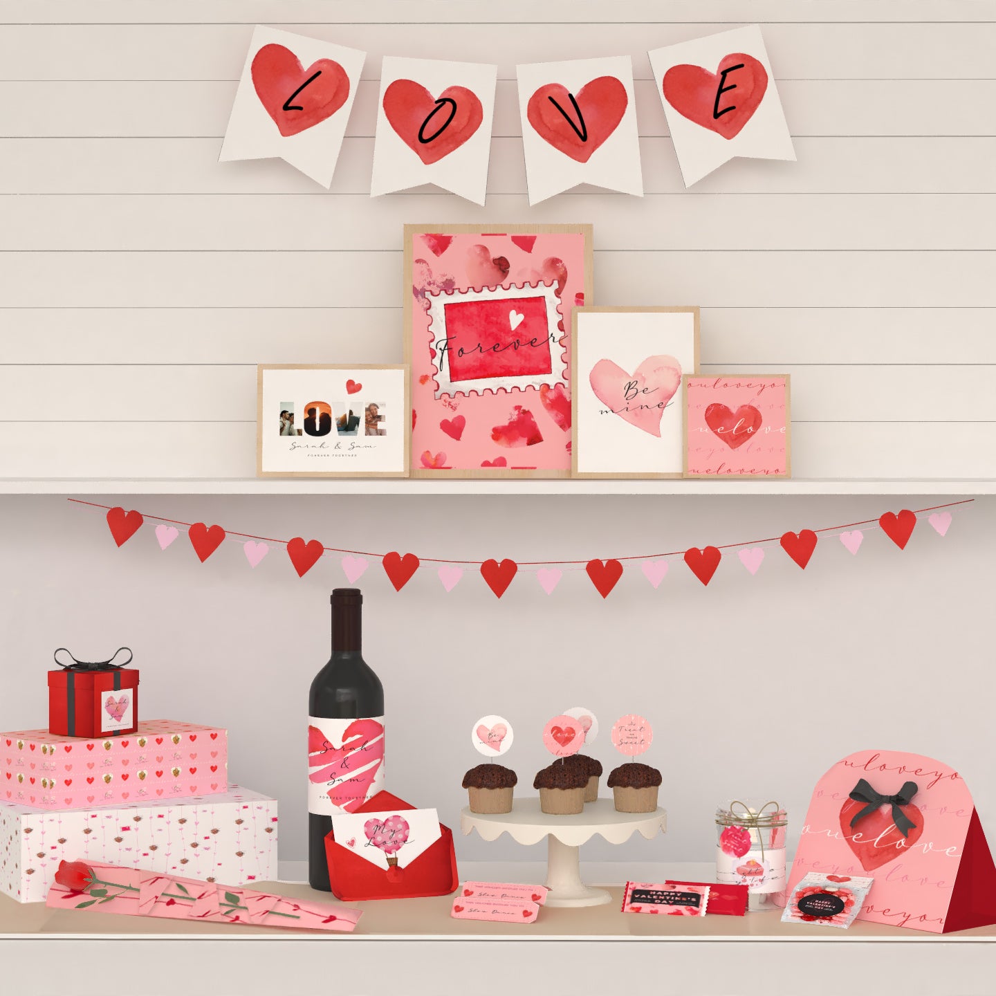 Valentine's Day Theme Printable Digital Design Package. Full front view. Valentine banner, posters, hearts cutouts, flower box, postcard, envelope, coupons, chocolate label, stickers, gift box, gidt wrapping paper, wine bottle label, cupcake toppers, tag, treat bag topper.