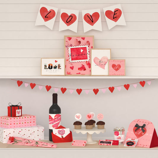 Valentine's Day Theme Printable Digital Design Package. Full front view. Valentine banner, posters, hearts cutouts, flower box, postcard, envelope, coupons, chocolate label, stickers, gift box, gidt wrapping paper, wine bottle label, cupcake toppers, tag, treat bag topper.