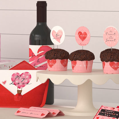 Valentine's Day Theme Printable Digital Design. Cupcake Toppers, wine bottle label, valentine postcard and envelope.